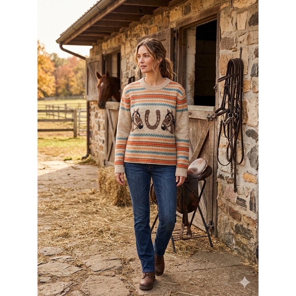 Womens Horse Horseshoe Fair Isle Knit Sweater Beige Orange Western Equestrian